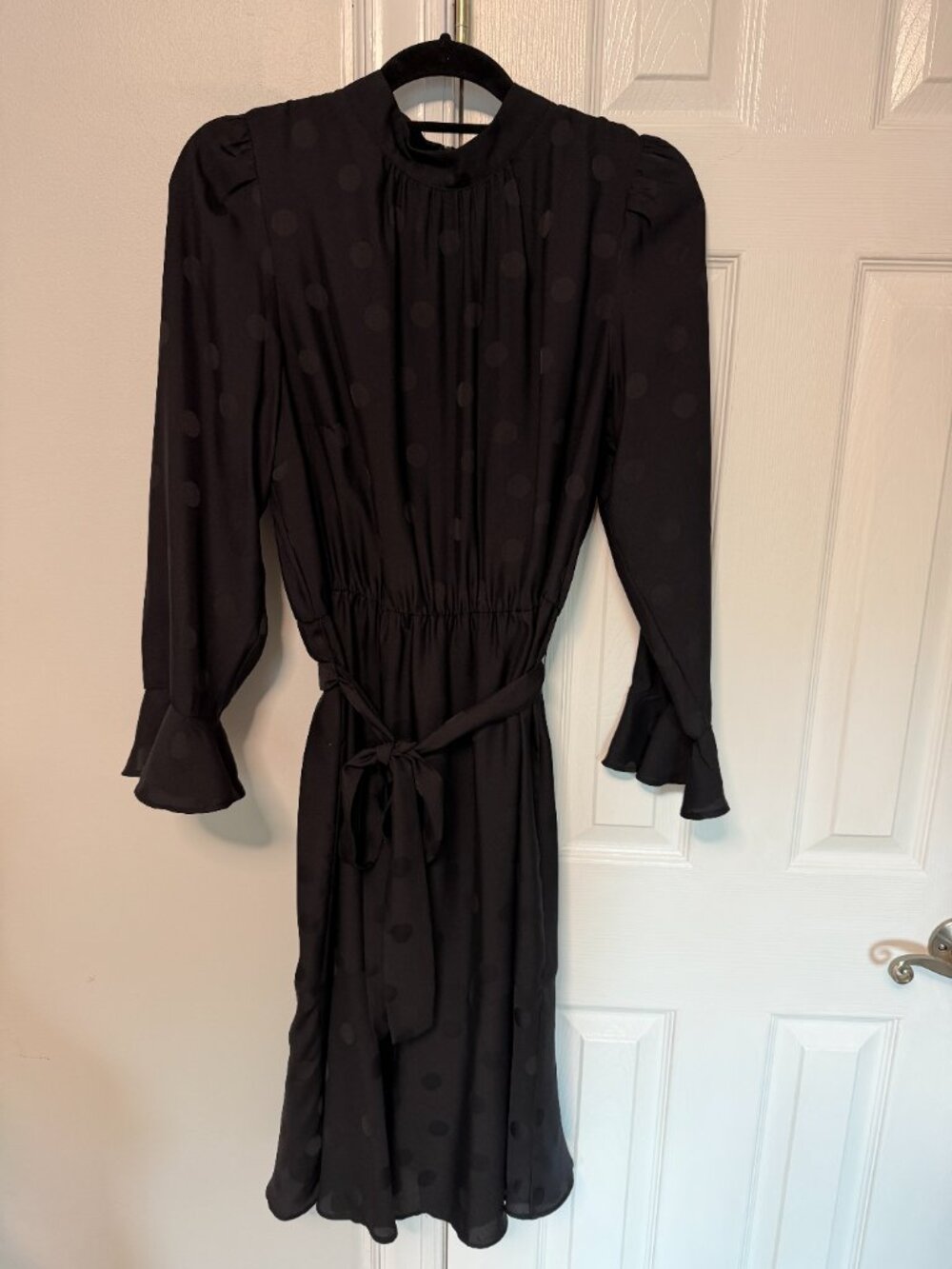Black Ann Taylor Dotted Mock Neck Flounce Dress - Cocktail party/funeral/wedding - Picture 6 of 9